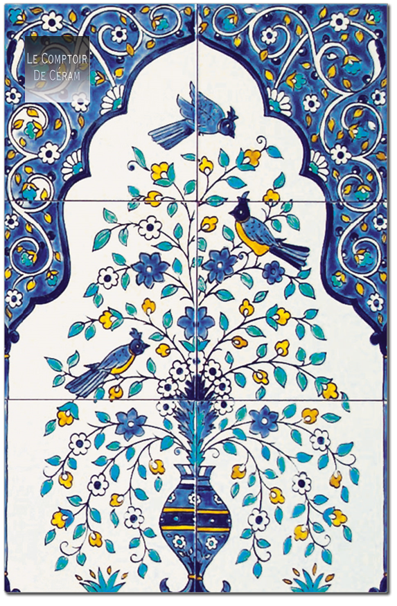 fresque artisanale céramique oiseau bleu blanc paris 75