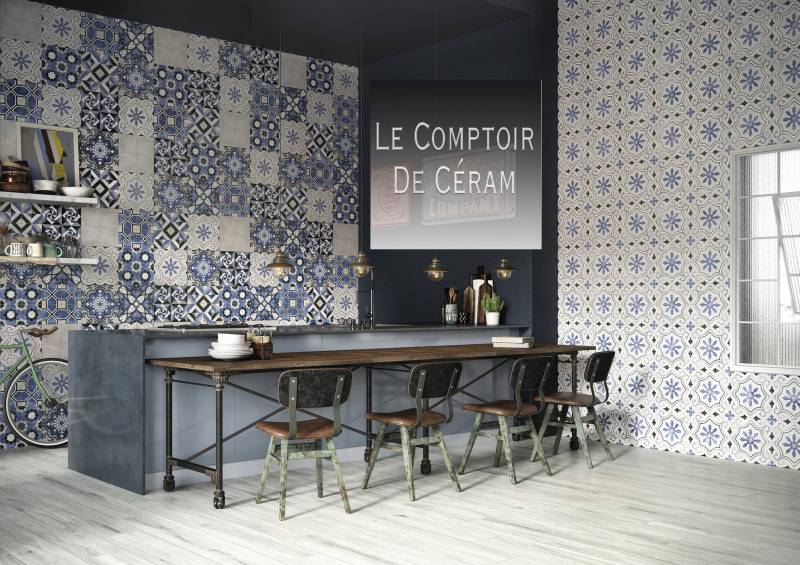 carrelage sol et mur imitation carreaux de ciment bleu format 15 x 15 cm Toulon 83