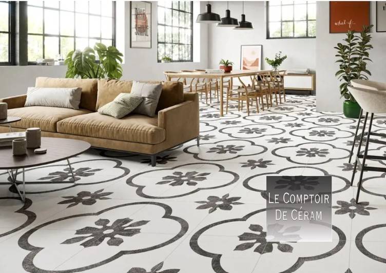 carrelage sol mur carreaux ciment noir blanc motifs maxi 44 x 44 cm paris 75