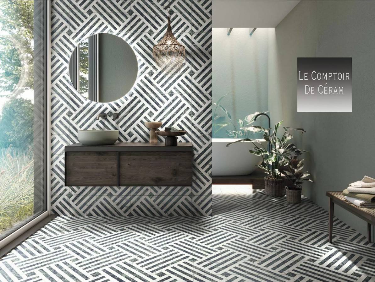 carrelage marbre  noir et blanc graphique salle de bain art deco 2026 paris 75