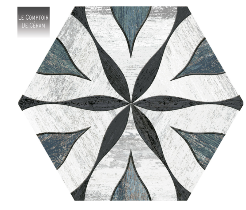 carrelage hexagonal bi matières bois et marbre pour sol et mur bordeaux 33 