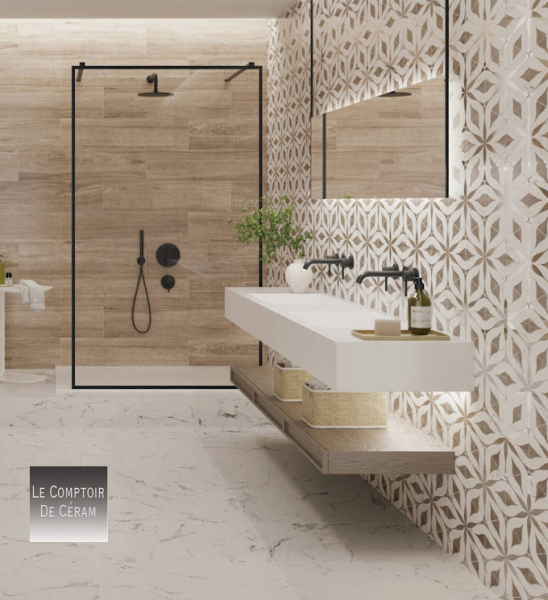 carrelage mural tomette bois et marbre blanc à motifs fleurs Versailles 78