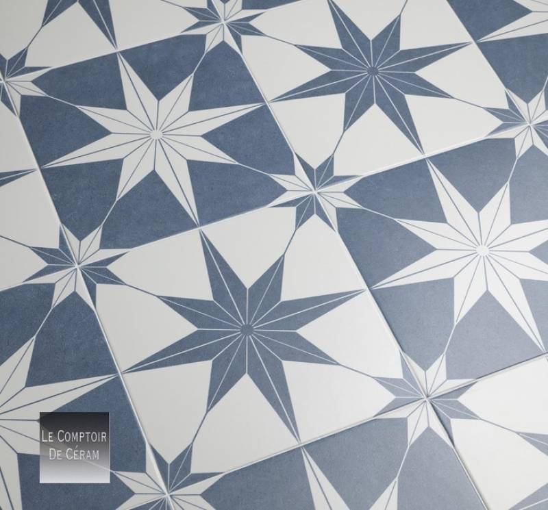 carrelage grès cérame carré  etoile bleu sur fond blanc pour sol et mur hauts de seine 92
